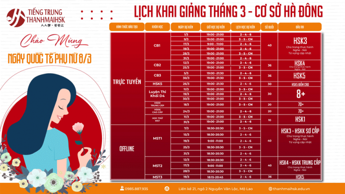 Lịch học tiếng Trung cơ sở Hà Đông