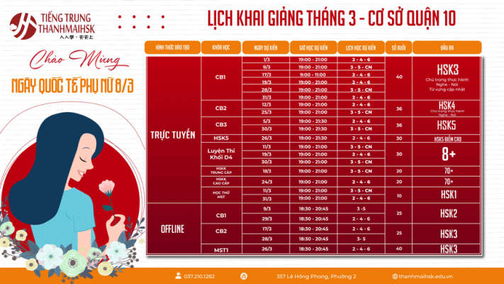 Lịch học tiếng Hoa quận 10