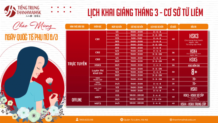 Lịch học tiếng Trung cơ sở Từ Liêm