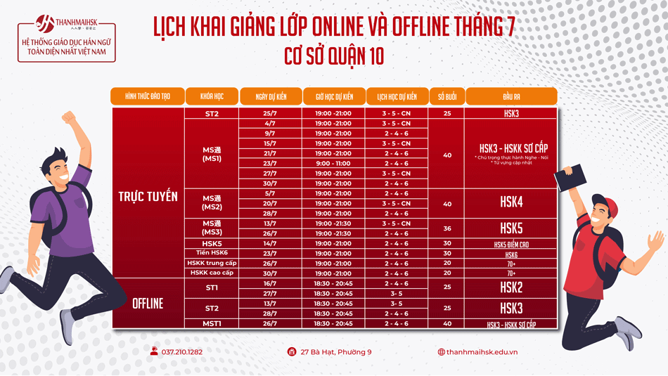 Lịch học tiếng Trung Quận 10