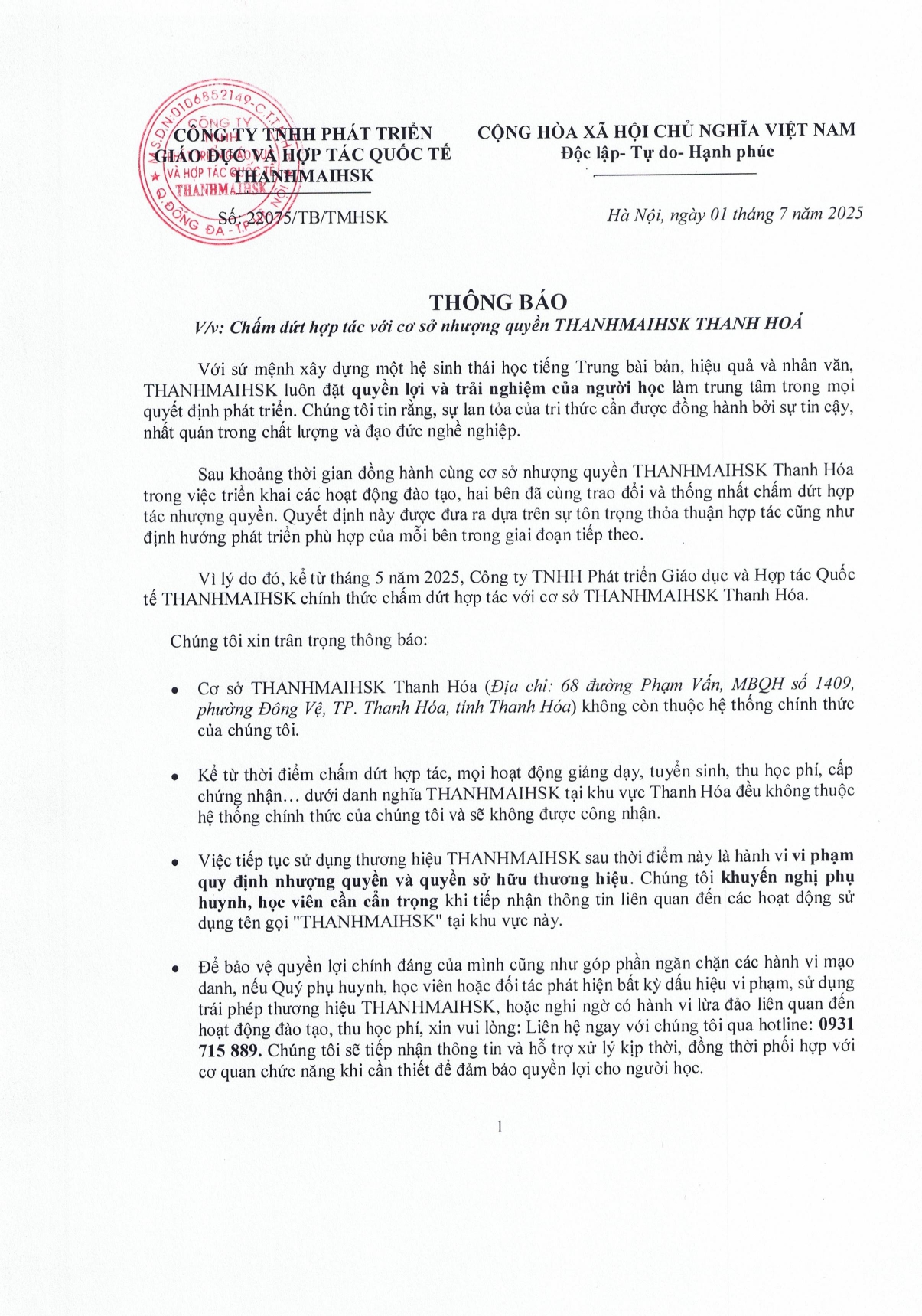 Thông báo ngừng hợp tác với cơ sở THANHMAIHSK Thanh Hóa 1