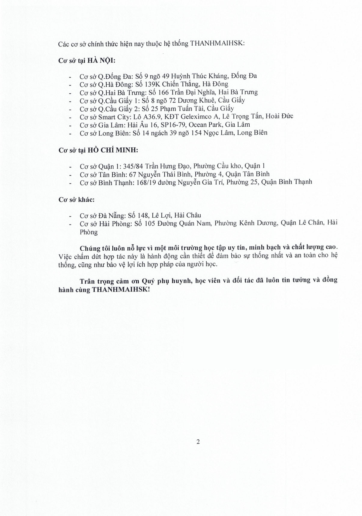 Thông báo ngừng hợp tác với cơ sở THANHMAIHSK Thanh Hóa 2