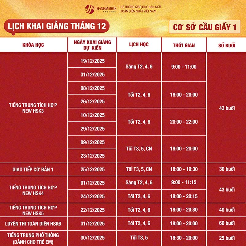 Lịch khai giảng tháng 12 Cầu Giấy 1