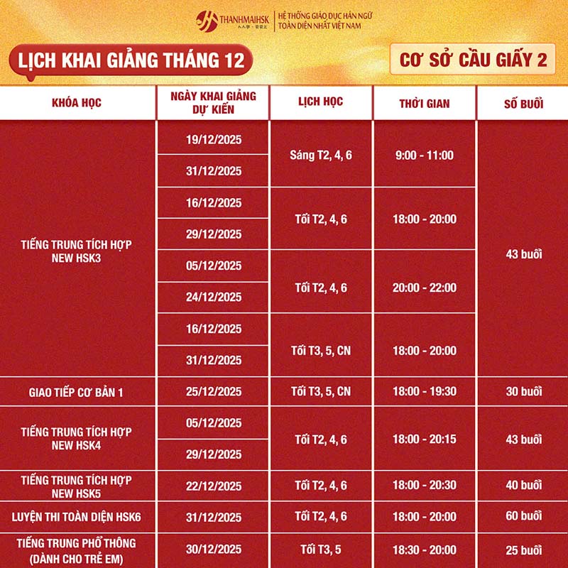 Lịch khai giảng tháng 12 Cầu Giấy 2