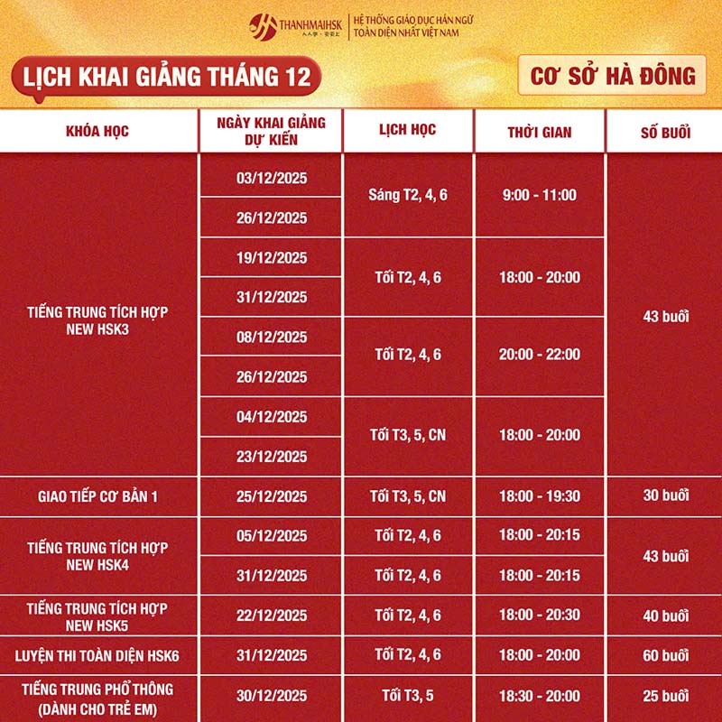 Lịch khai giảng tháng 12 Hà Đông