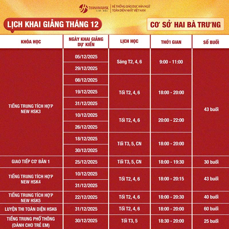 Lịch khai giảng tháng 12 Hai Bà Trưng