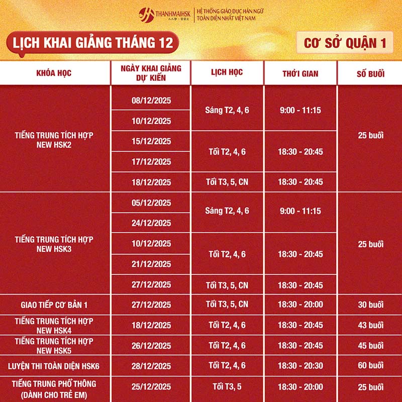 Lịch khai giảng tháng 12 Quận 1