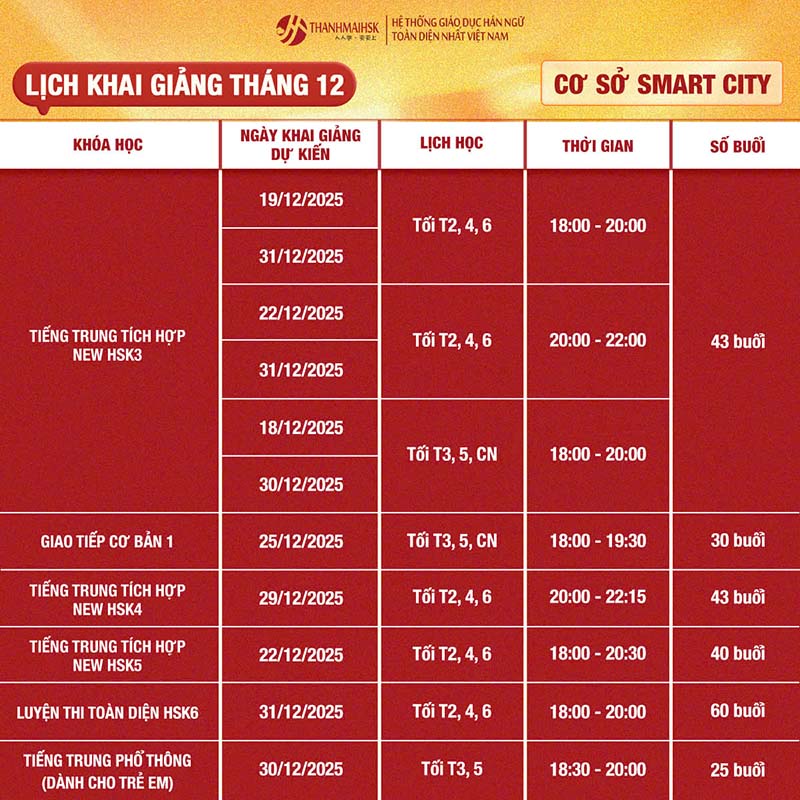 Lịch khai giảng tháng 12 SmartCity