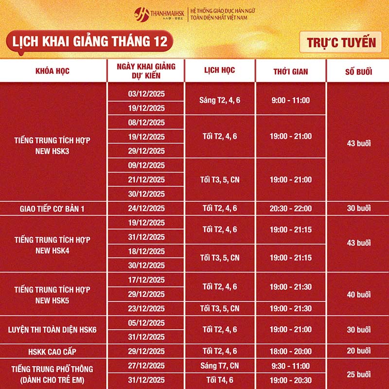 Lịch khai giảng tháng 12 trực tuyến